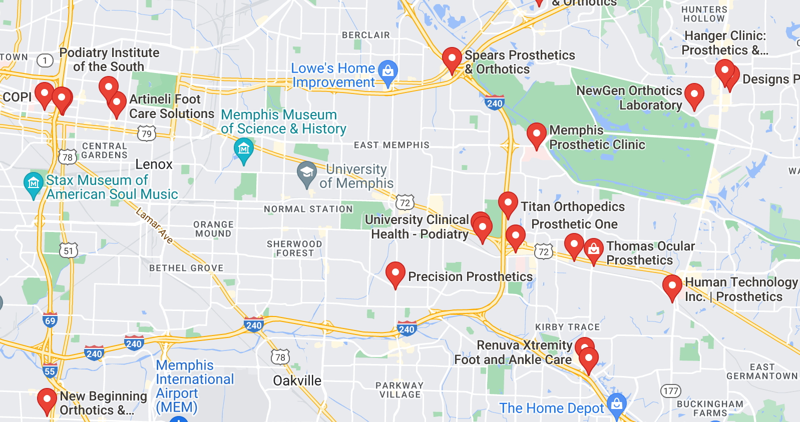 A map of Orthotics Near Me In Memphis, TN locations