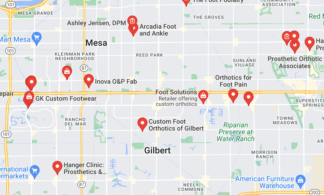 a map of Orthotics Near Me In Mesa, AZ locations