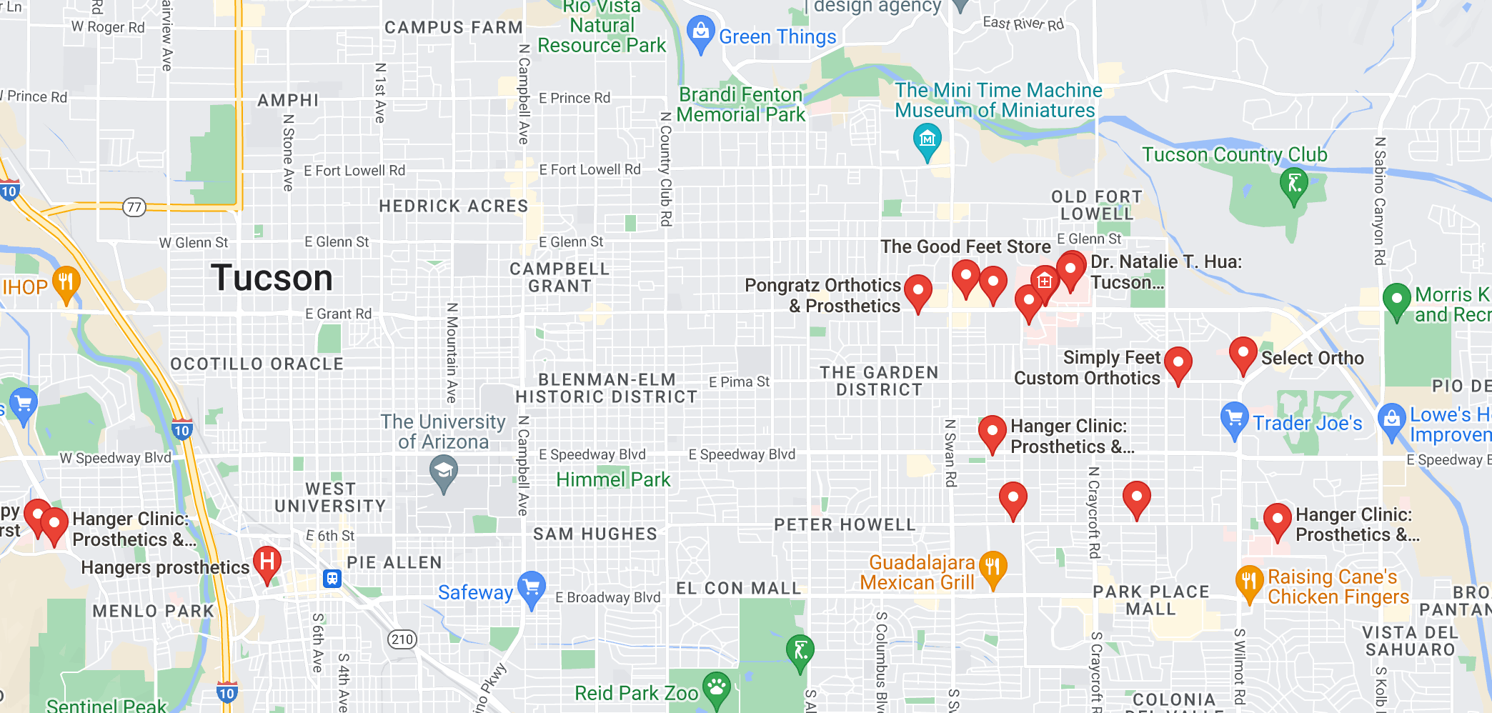 a map of Orthotics Near Me In Tucson, AZ locations