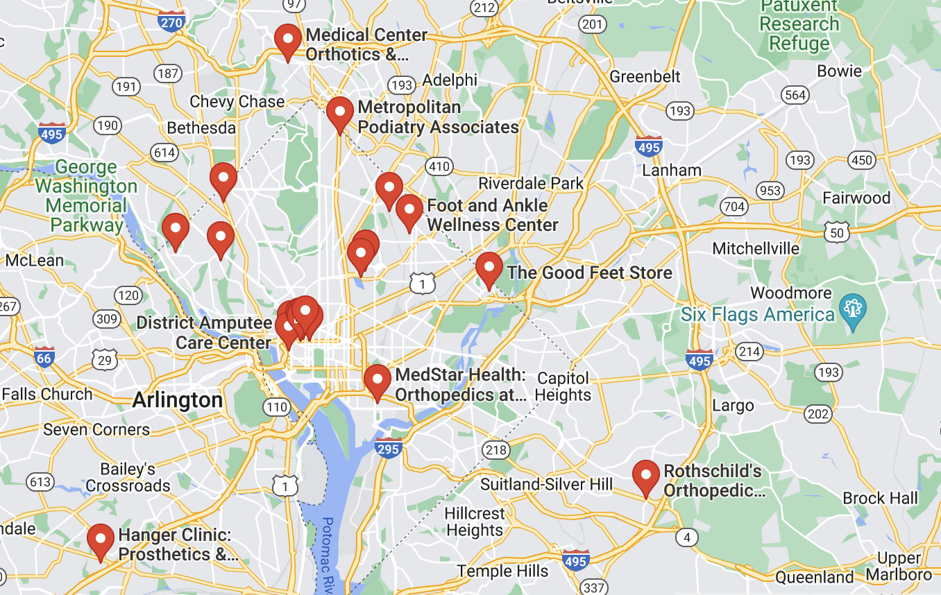 A map of Orthotics Near Me In Washington, DC