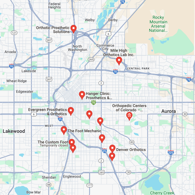 map of custom orthotics in and near Denver Colorado