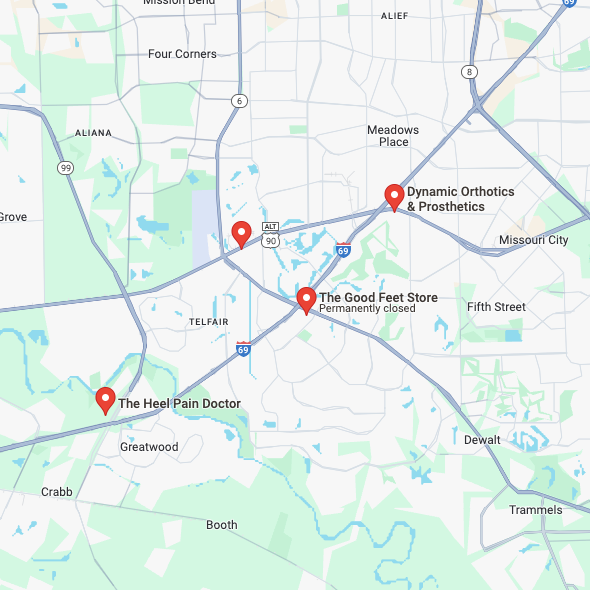 map of custom orthotics in and near Sugar Land Texas