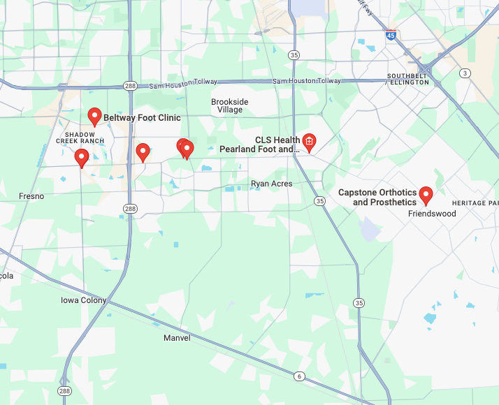 map of custom orthotics in and near Pearland Texas