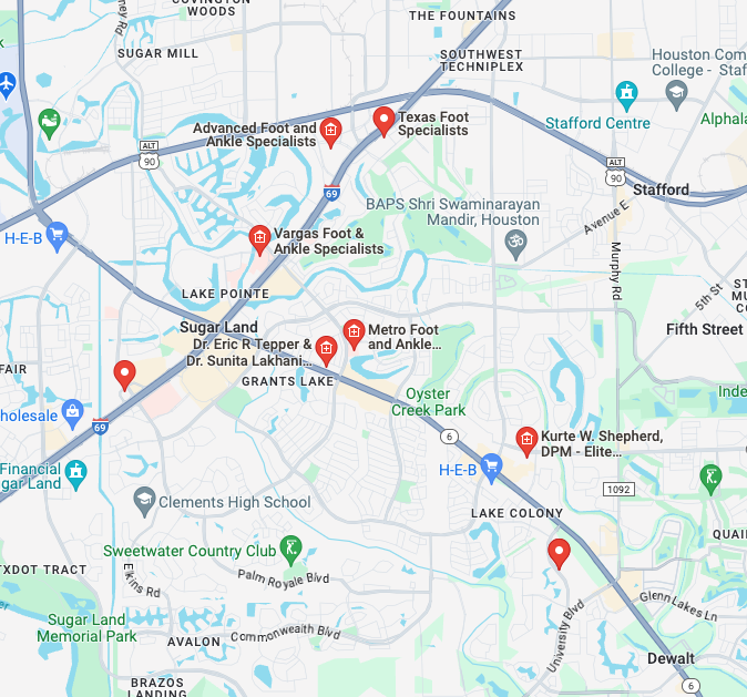 map of foot doctors in and near missouri city, tx