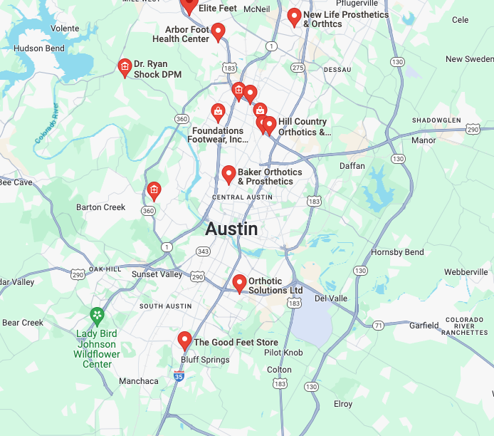 map of custom orthotics near me in austin, tx.