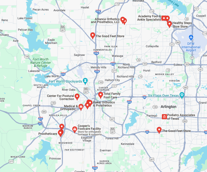 map of custom orthotics near me in fort worth tx