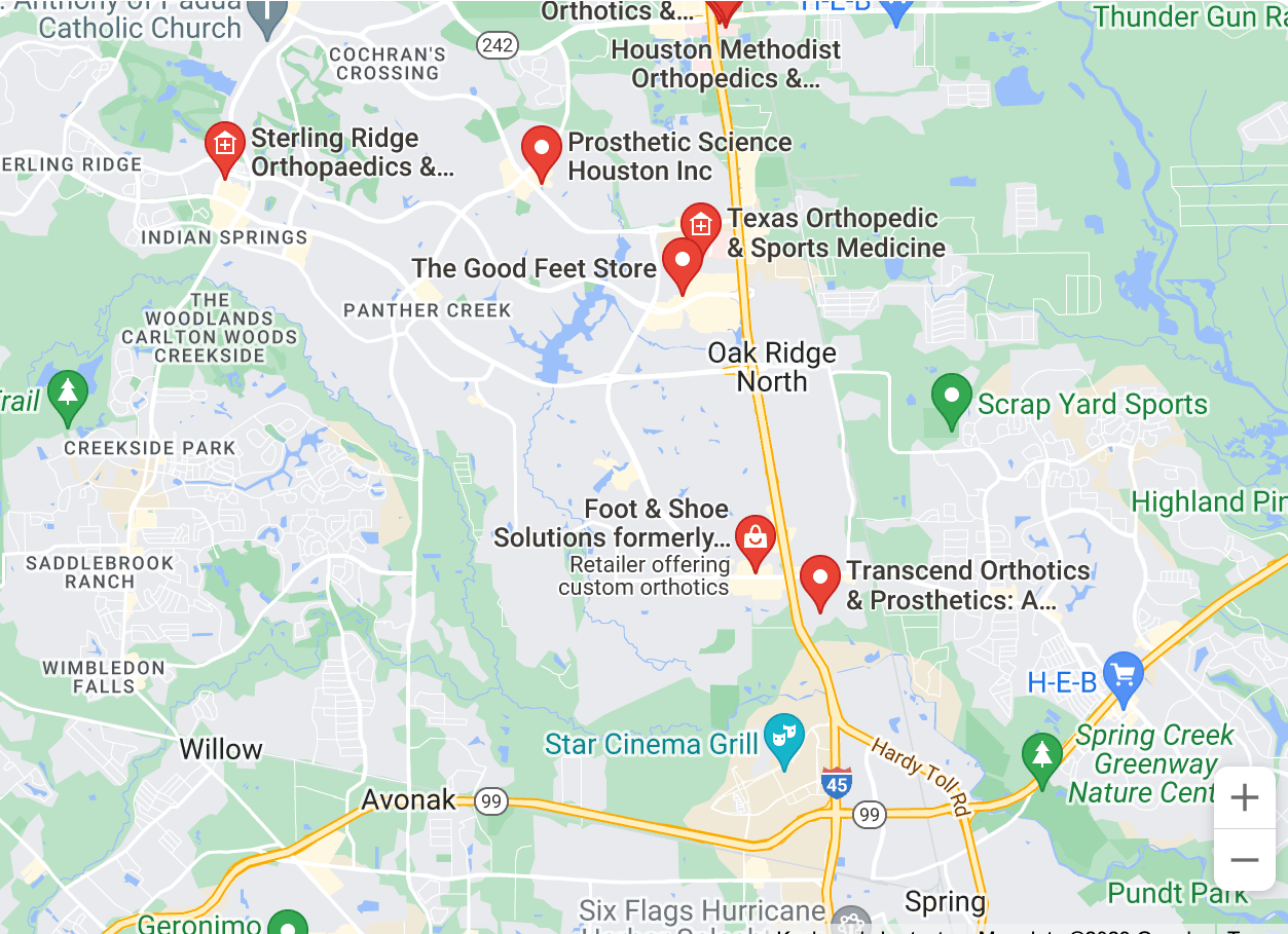 map of custom orthotics providers in the woodlands texas