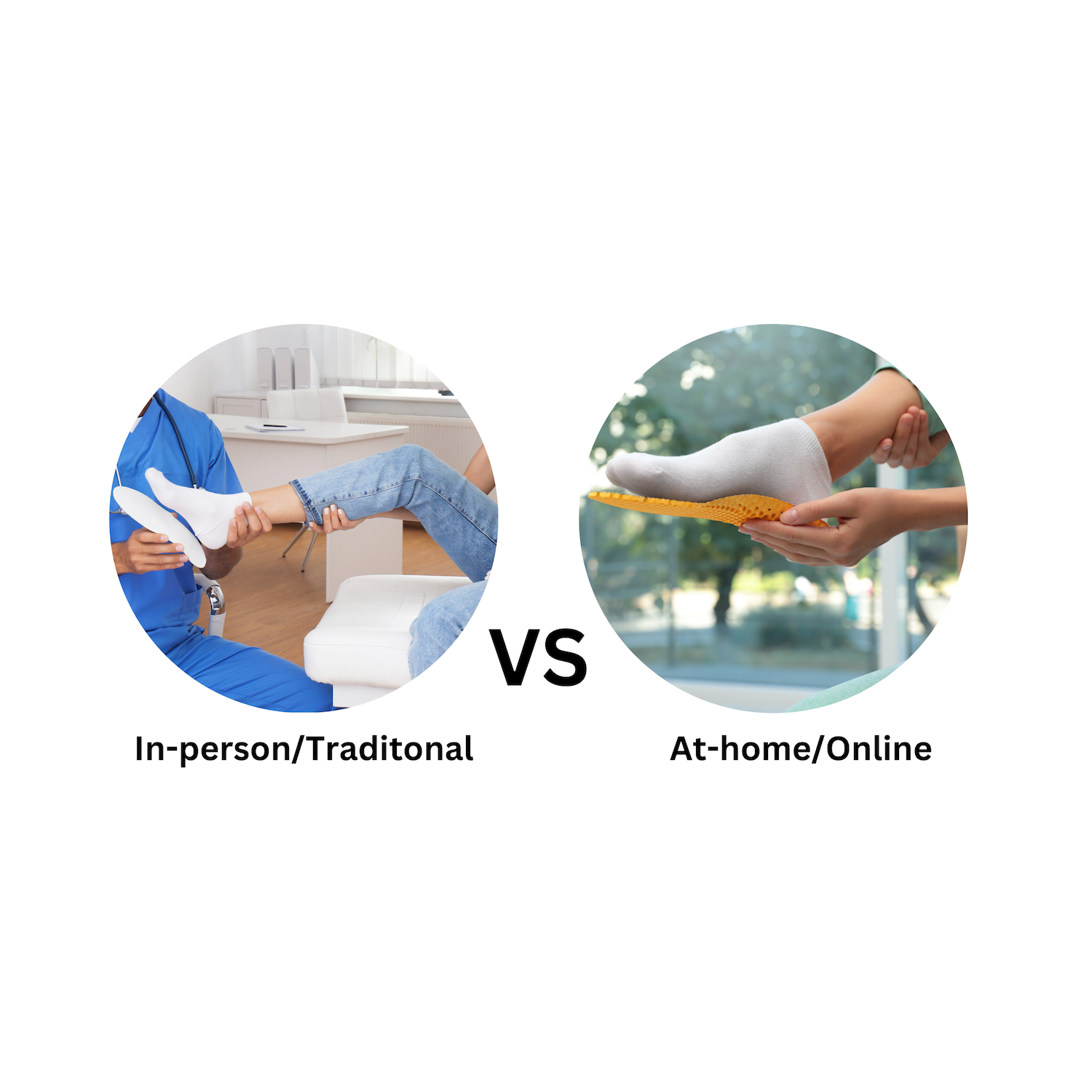 A podiatrist holding orthotics to a foot vs a woman holding orthotics to here foot to discuss Where to buy orthotics near me traditional vs online
