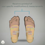 3D model design of feet with measurement labels on a gray background for orthotics and custom insoles