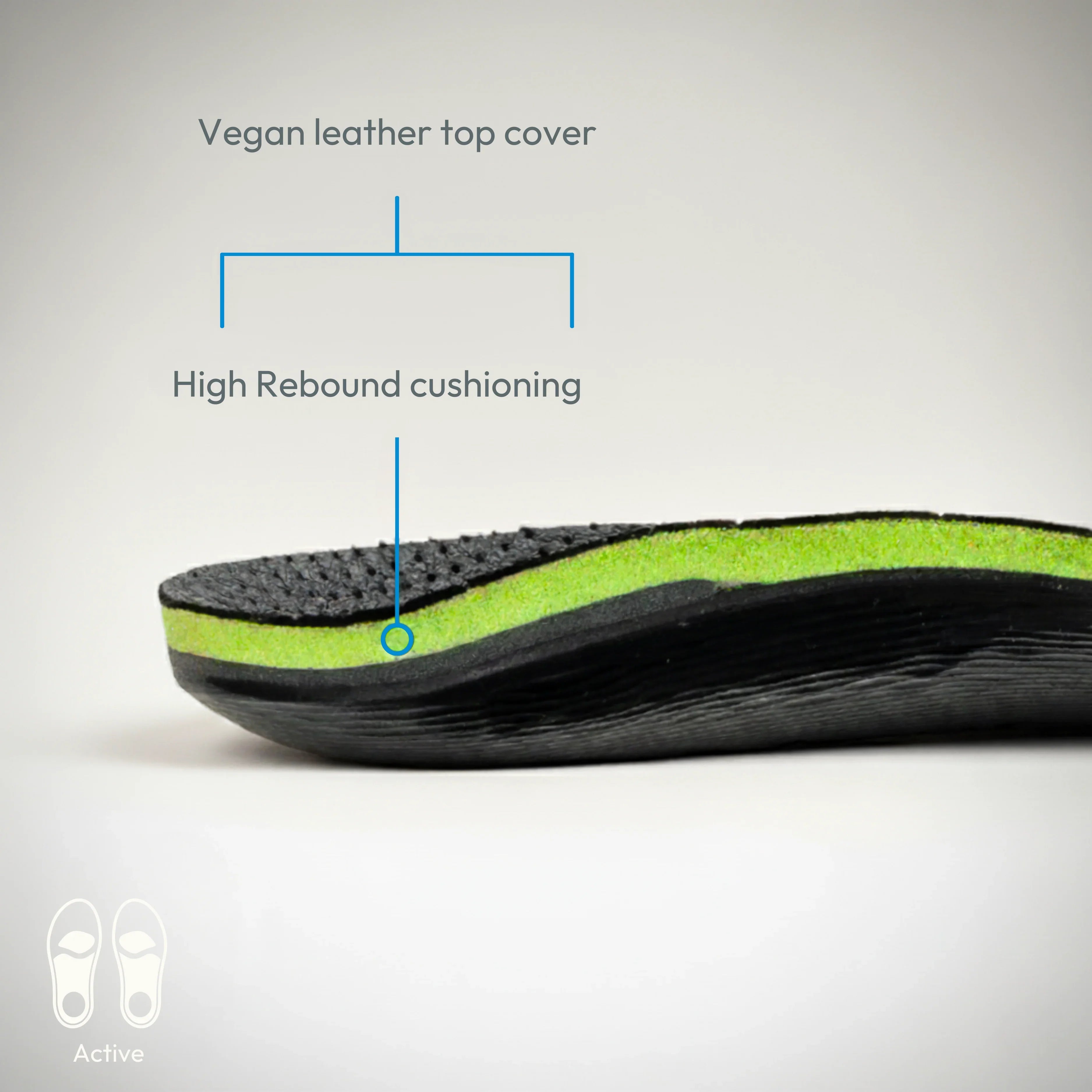 Bilt Labs custom insole cross-section with vegan leather top cover and high rebound cushioning for foot pain relief
