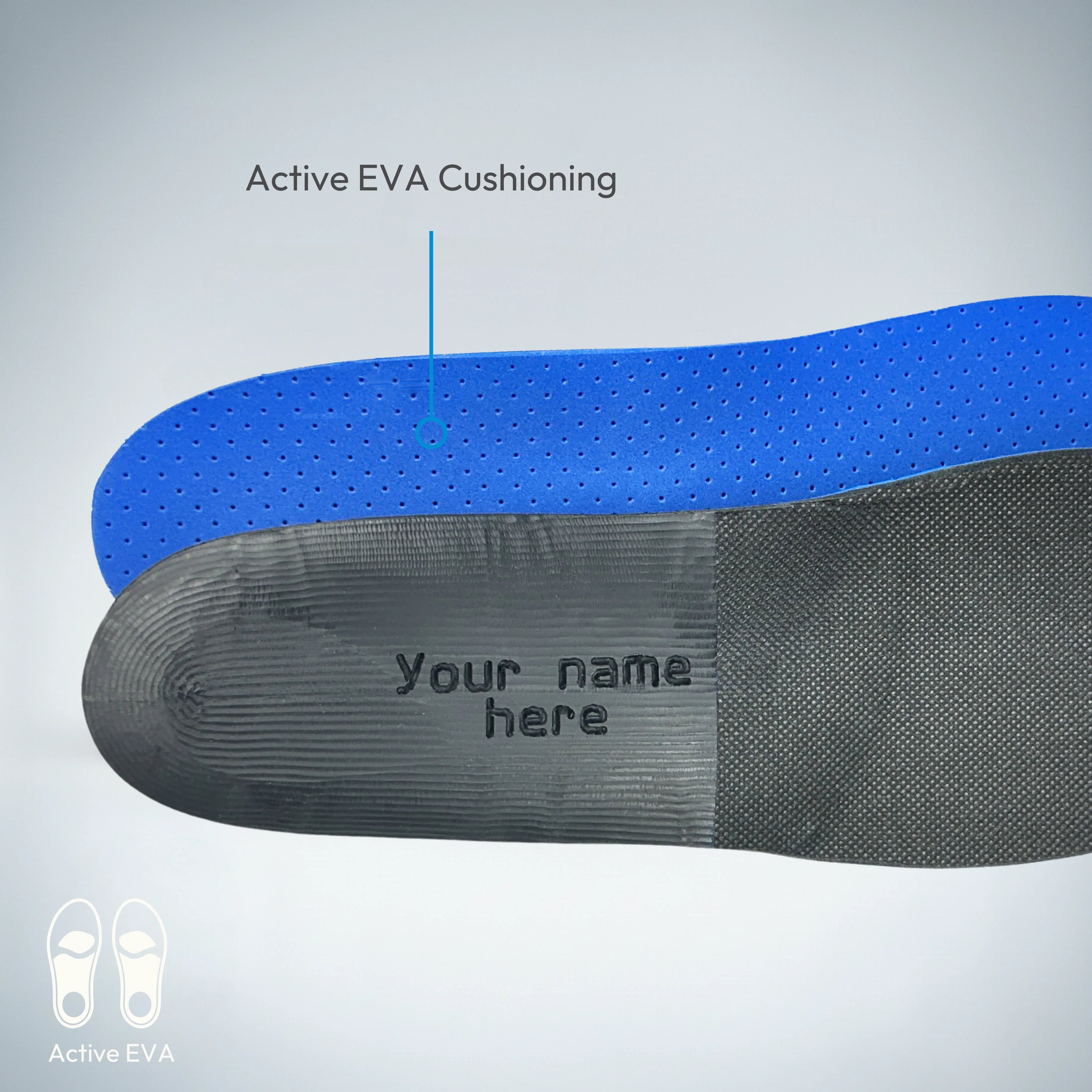 Custom Bilt Labs insoles with active EVA cushioning for foot pain relief including flat feet and plantar fasciitis