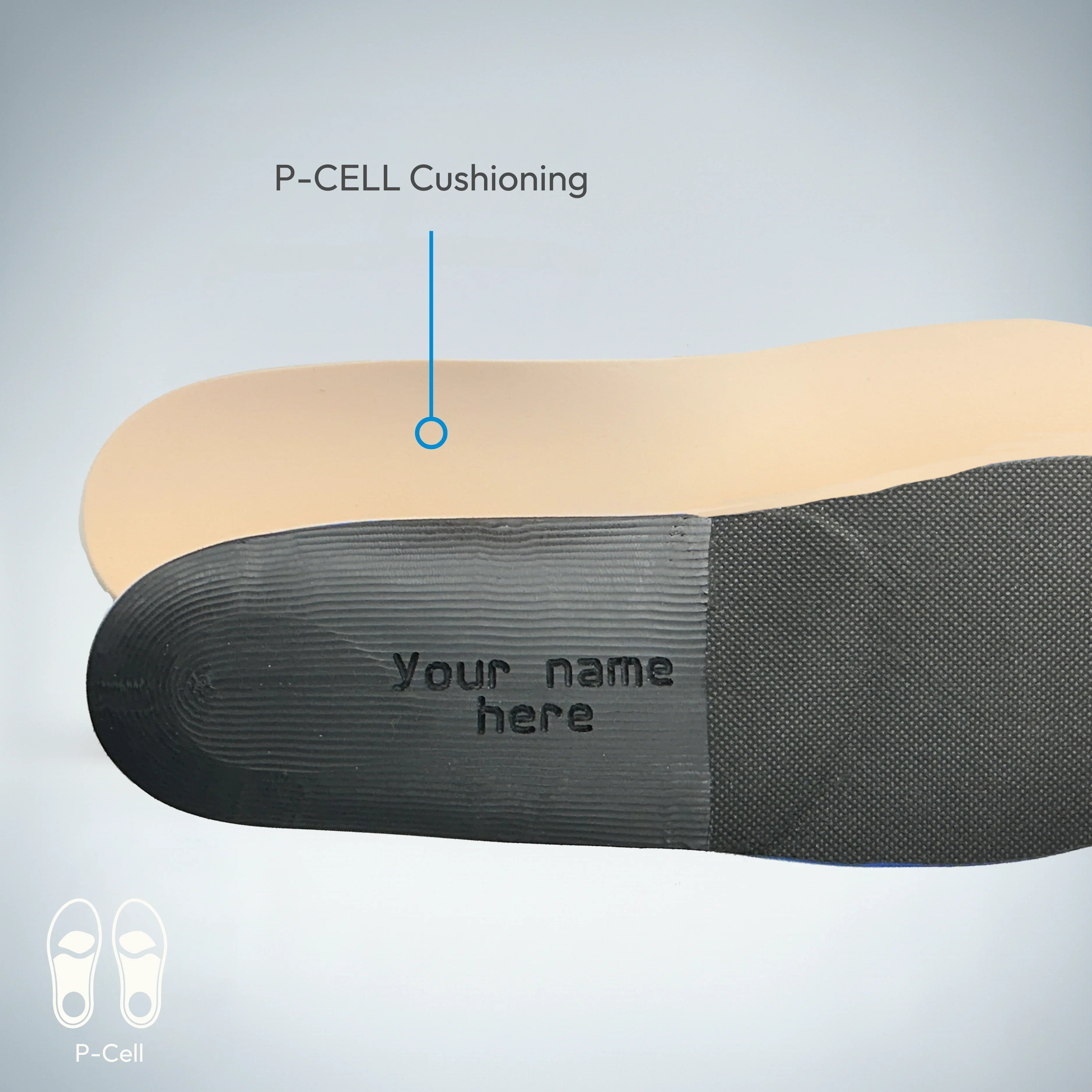 Custom Bilt Labs insoles with P-CELL cushioning for foot pain relief including flat feet and plantar fasciitis